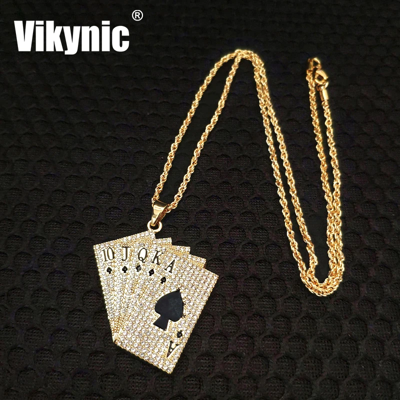 

Hip hop Playing Cards 10JQKA Pendant Diamond Chain Cubic Zircon Necklace Cuban Link Chain Necklace Iced Out Pendant