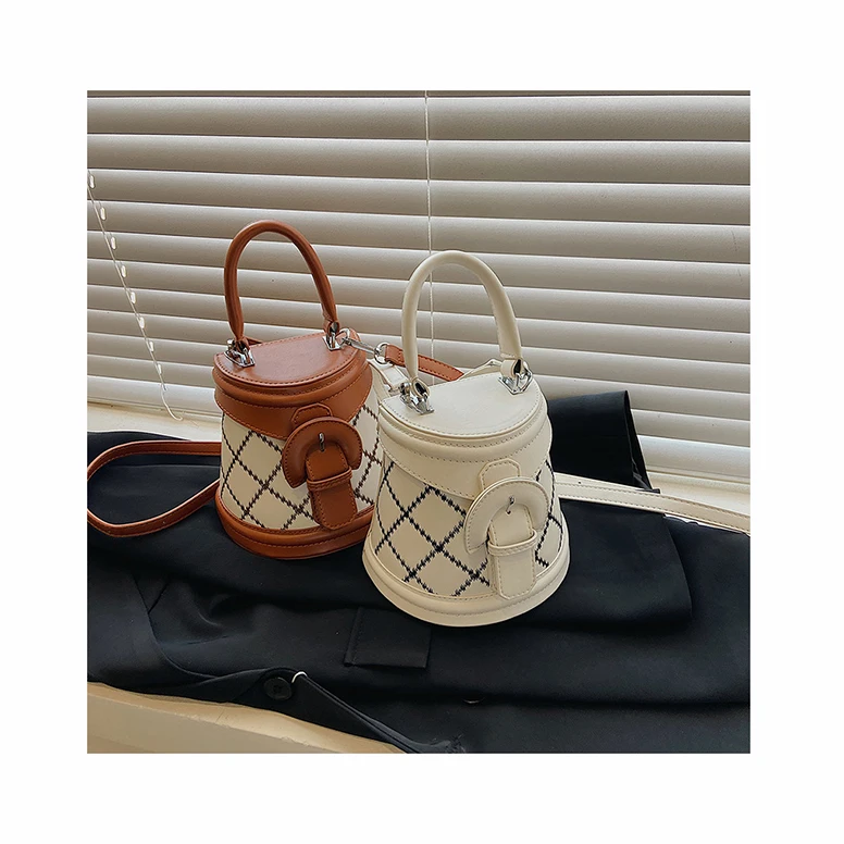 

Lattice Mini Bucket bag 2021 Autumn New High-quality PU Leather Women's Designer Handbag Top Belt Lock Shoulder Messenger Bag