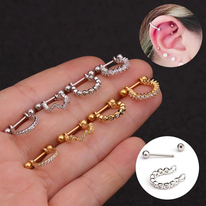 

YICAI 1pcs 20g Barbell Semicircle With Cz Hoop Ear Tragus Cartilage Helix Ear Studs Rook Woman Stainless Steel Ear Piercings