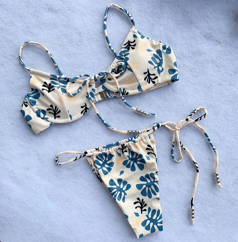 

HOT SALE Women Tie Shoulder Ribbed Bikini Set Padded Strap Swimsuit, Accept customized