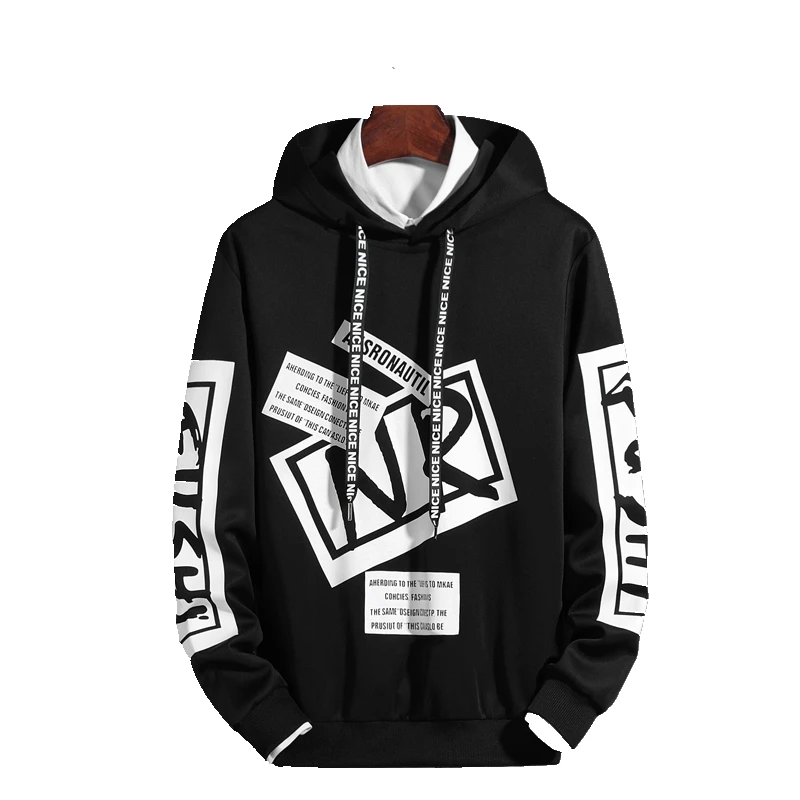 

2021 Fall autumn men fashion casual letter print black and white long sleeves hooded sweater, Picture