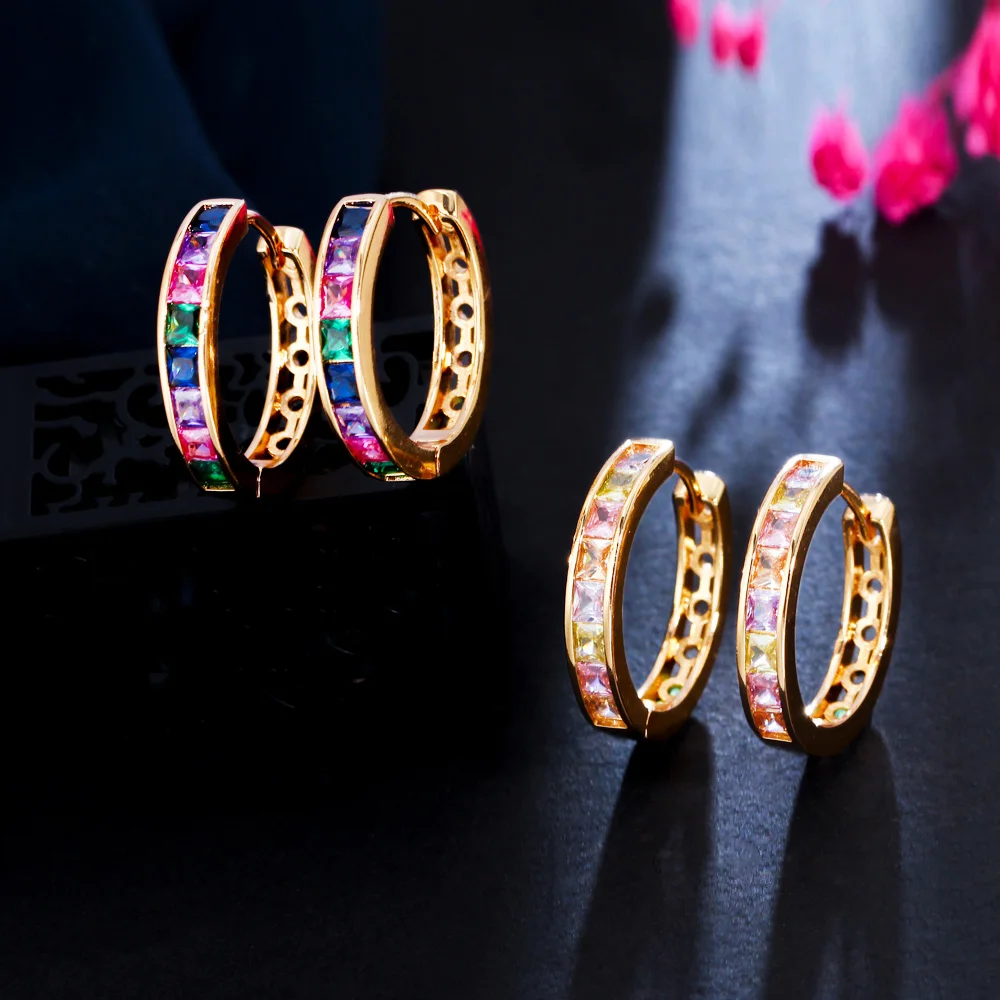 Fashion Dainty Small Circle Hollow Rainbow Cubic Zircon Indian Gold Plated Hoop Earrings for Women Jewelry Daily Wear Design