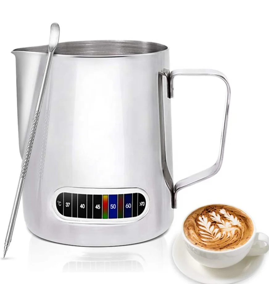 600ml Stainless Steel Coffee Pot Pull Flower Temperature Display Coffee Milk Frothing Pitcher / Jug with Thermometer