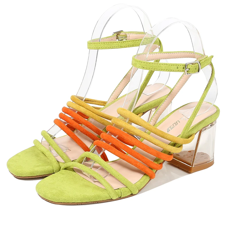 

Hot Sale Style Summer Fashion Ankle Strap Ladies Crystal Chunky Transparent clear block Heel Women Sandals fashion