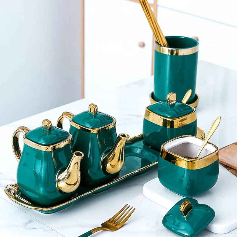 

Gold edge dark green ceramic seasoning box household storage tank kitchen MSG salt sugar tank Storage Bottles & Jars