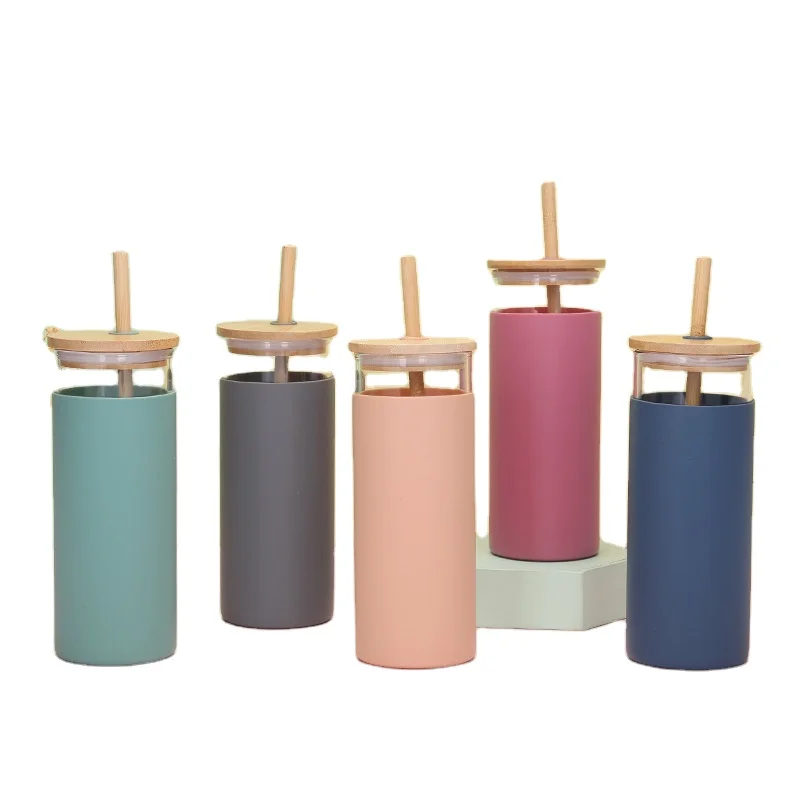 

Hot Selling Silicone Sleeve Glass Cup Bamboo Lid Glass Tumbler Cup with Straw, Pink, green, blue, orange, gray