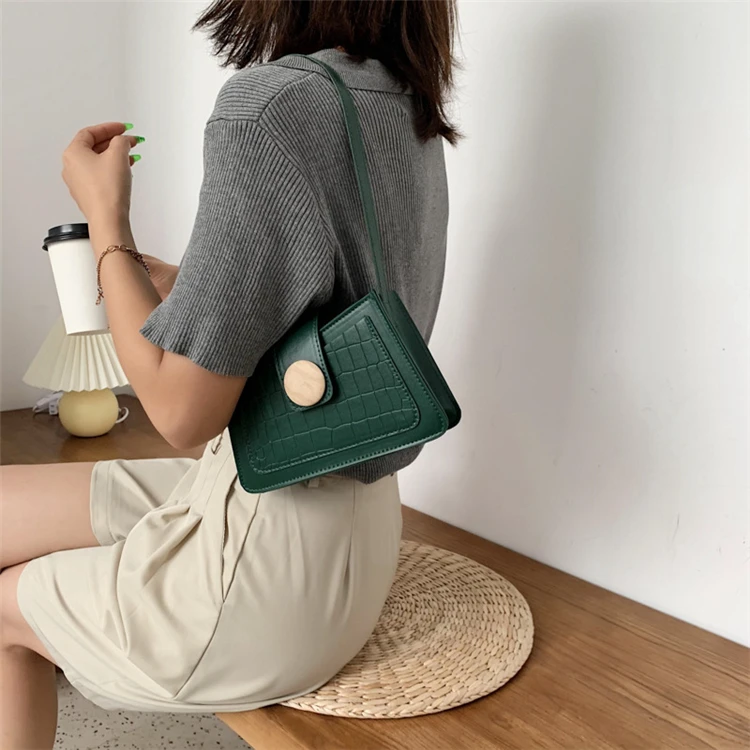 

Button Wooden Crocodile PU Leather Shoulder Bag, As picture