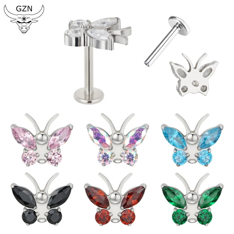 

GZN Newest Titanium Helix Stud Body Lip Ring Jewelry Top CZ Butterfly Labret