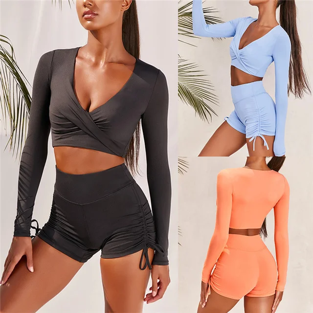 

2021 New Hot-selling Casual Solid Color Long-sleeved Top and Tight Shorts Running Sports Set, Picture color