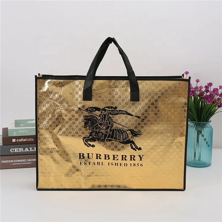 

Fashion Gold laser coating large non woven clothing packaging tote bag with logo, Cmyk and pantone color