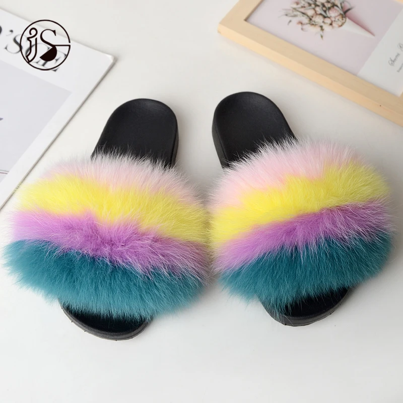 

Real fox fur slippers colorful fur slides high quality women slippers soft and warm slippers genuine lady fox slides, Picture