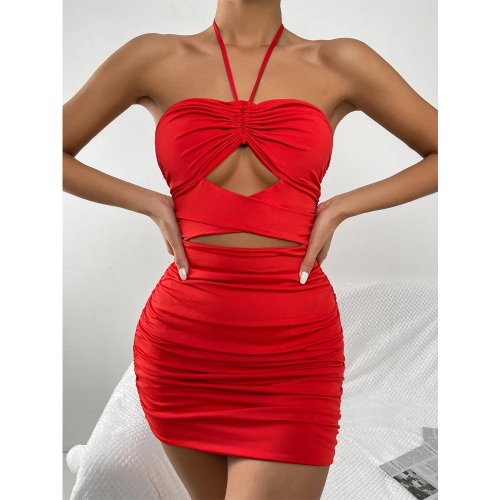 

2022 Sexy Halter Neck Backless Hollow Out Bodycon Ladies Club Mini Dresses, 3colors