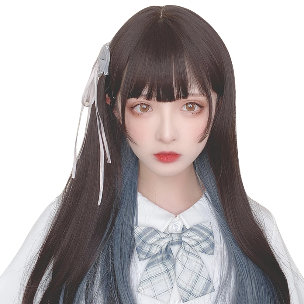 

Dark Brown Long Straight Hair Wig Gray Blue Behind Ear Lolita Scheming Natural Daily Sweet Cute Harajuku Cosplay Party Wigs, Pic showed