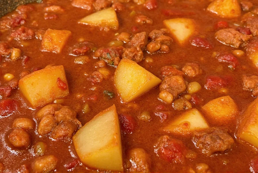Perfectly cooked chili with diced potatoes showing rich texture and color contrast