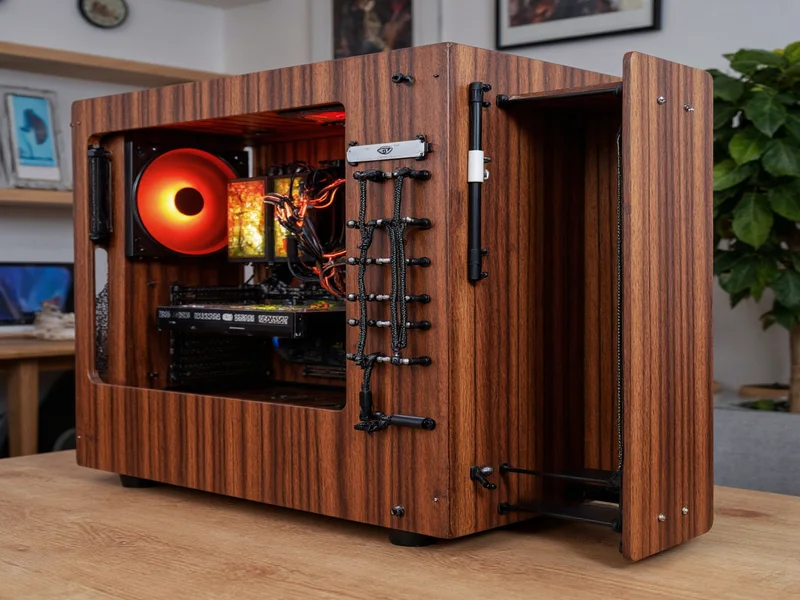 Integrated cable management in wooden PC case