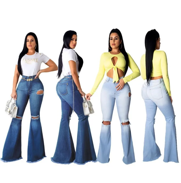

2020 fall High Quality Women Fashion Casual Elastic Scratched High Waist Denim Flare ripped trousers wide leg Jeans Pants