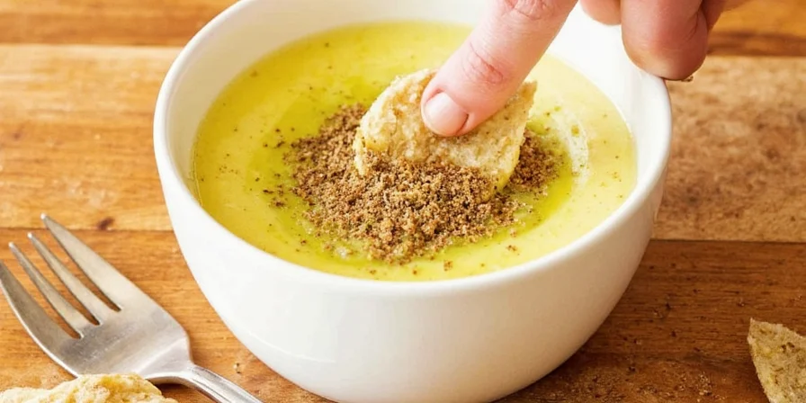 Person joyfully dipping bread into spiced oil