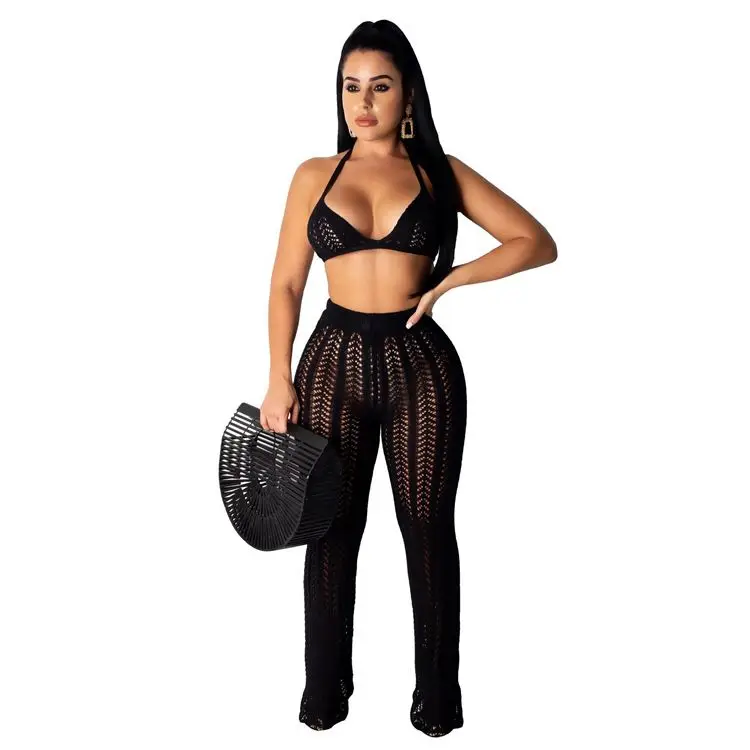 

FREE SAMPLE JHTH 2021 new arrivalssexy knit see through hollow out bra and casual pants set women two piece sets, Picture