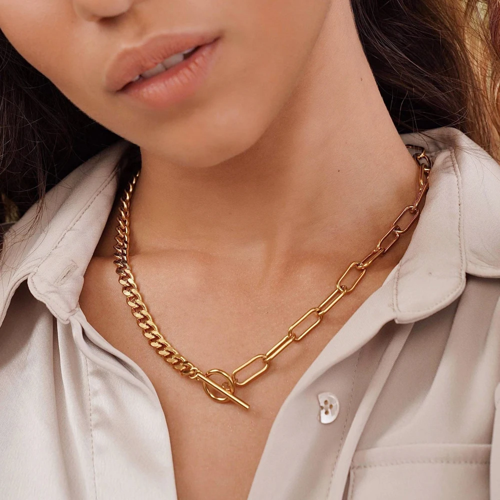 

Simple Stainless Steel Toggle Necklace 18k Gold Plated Thin Paper Clip Chain Choker Necklace Ladies