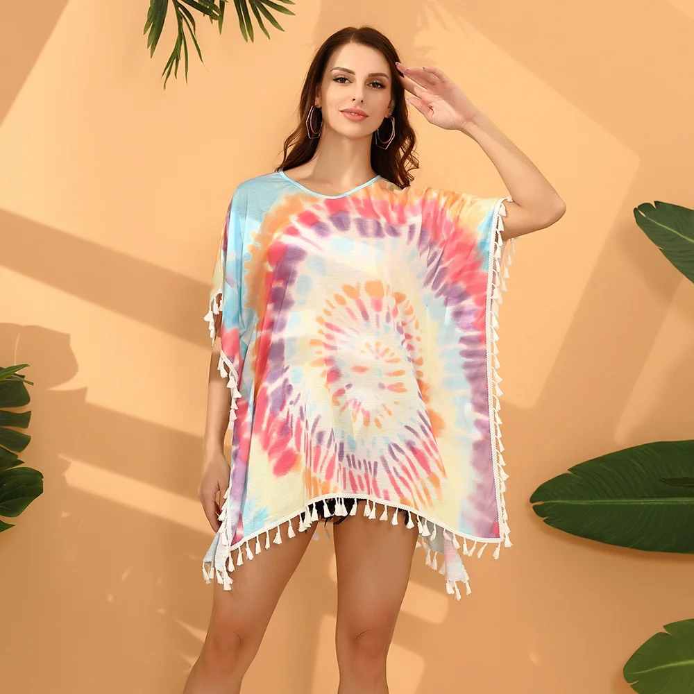 

Wholesale Tie Dye Woman Beach Smock Bikini Covers Outwear With Tassel Hem, Picture