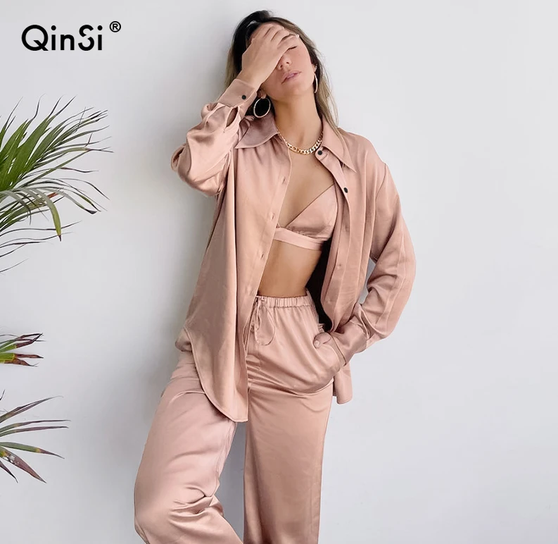 

QINSI Solid Home Wear Casual Turn Down Collar Long Sleeve Tops Bra Female Sets With Pants Restve Satin Pajamas For Women 3 Piece