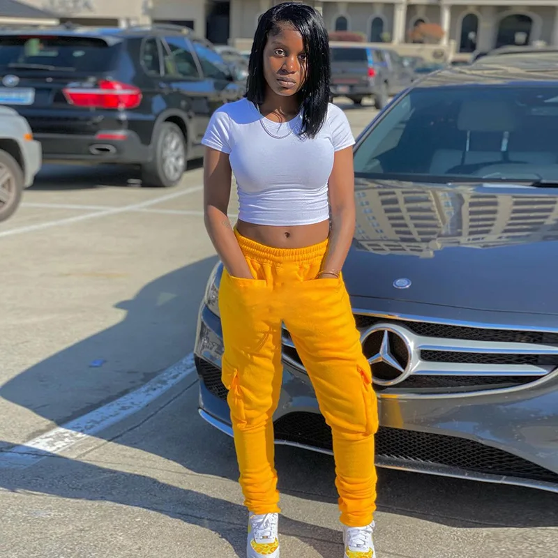 

Women's fall 2021 high-waisted fleece workout trousers multi-pocketed ankle winter sweatpants, Different color