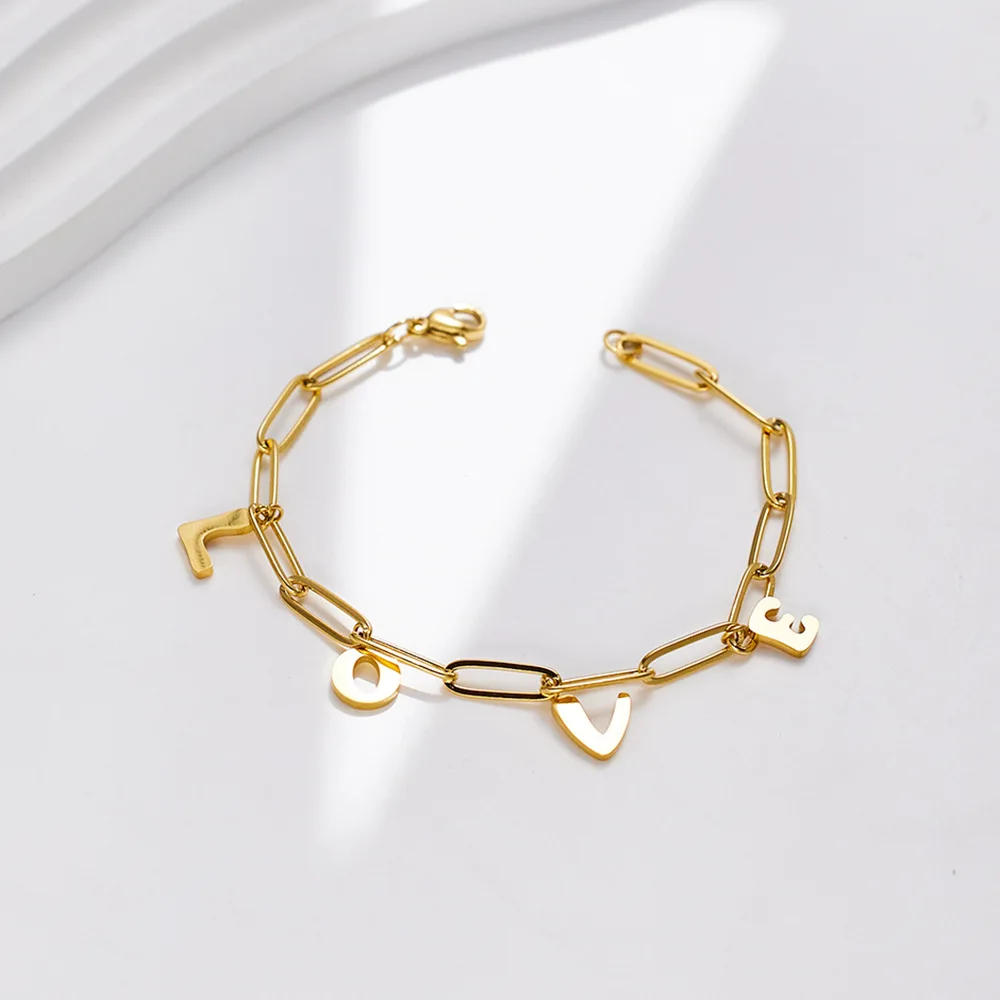 

China Factory Cheap Price LOVE Letter Pendant Bracelet Paper Clip Chain 18K PVD Gold Plated Stainless Steel Bracelet For Woman