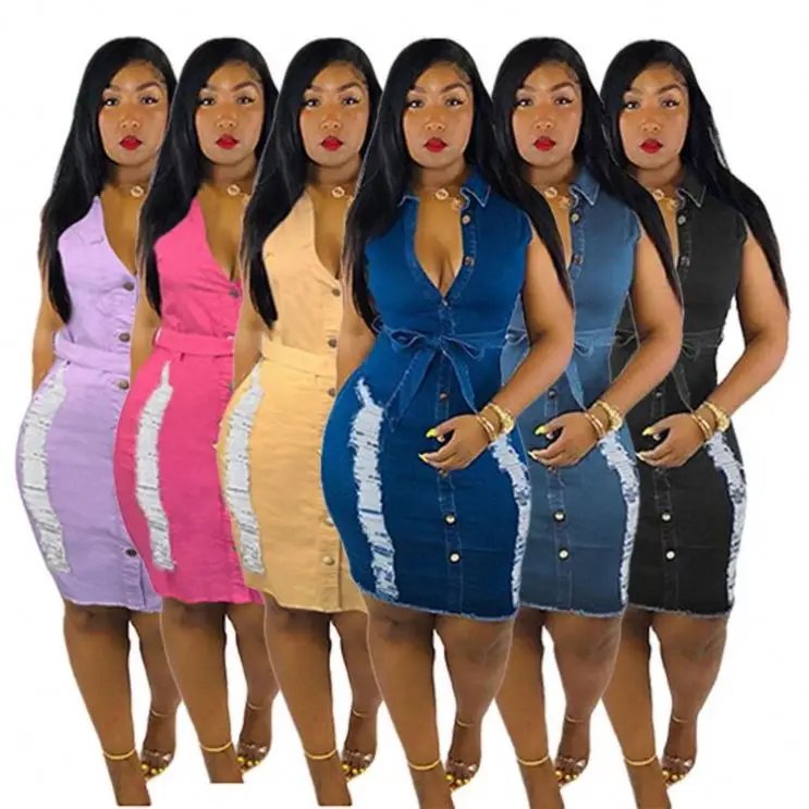 

PEARL Sleeveless vestidos casual Ladies Fashionable New Summer Denim Dresses Women Plus Size Dress