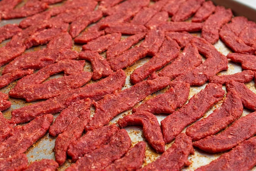Beef jerky strips with visible pepper coating during dehydration process