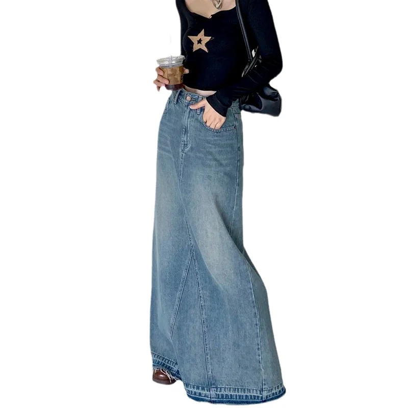 

Lady Girls Denim Skirt Dress Women's 2024 Early Spring Autumn New Retro Denim Solid Color Long Maxi Skirt