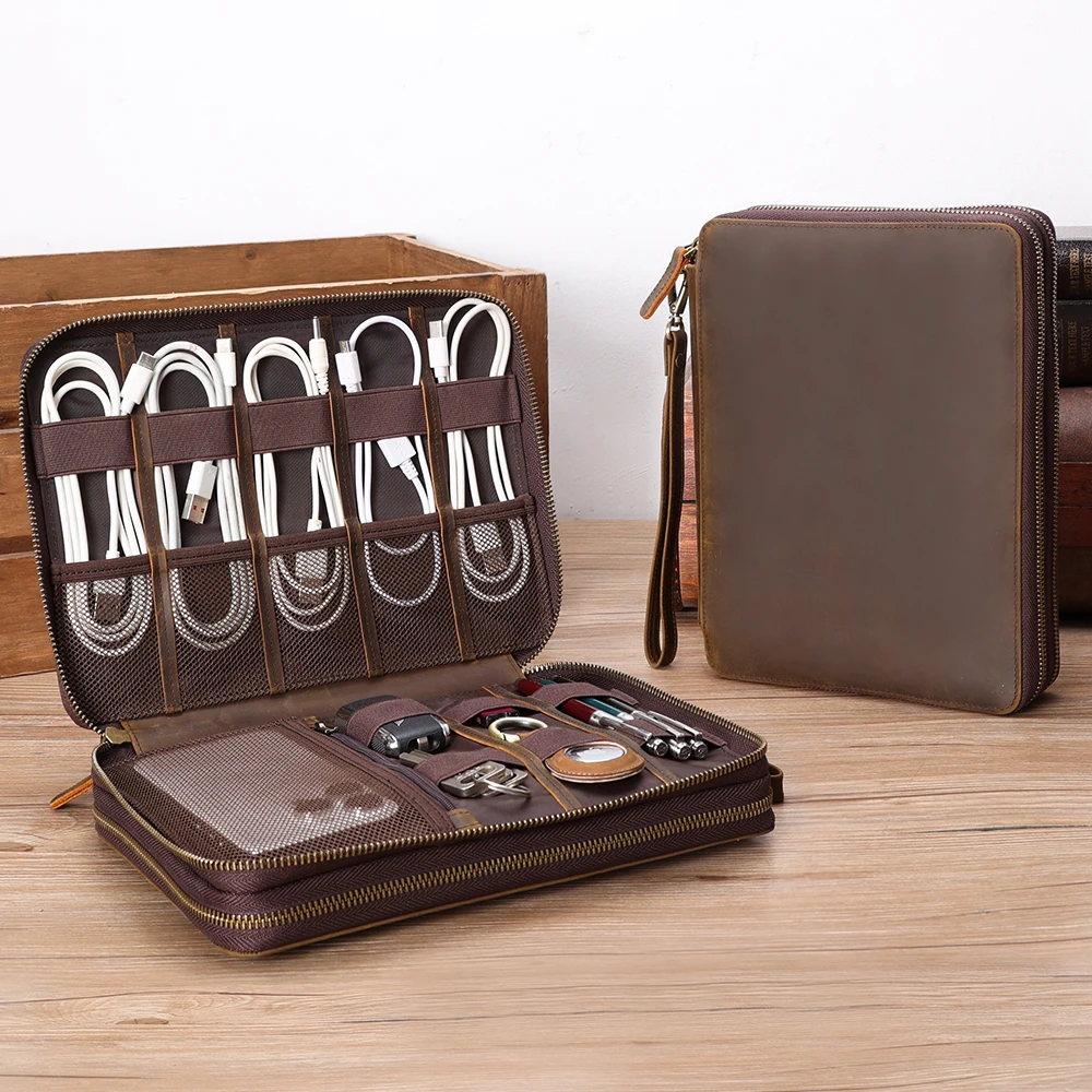New Design Genuine Leather Organizers Custom Stock Pattern Full Grain Crazy Horse Leather Storage Bag Digital Product Bag