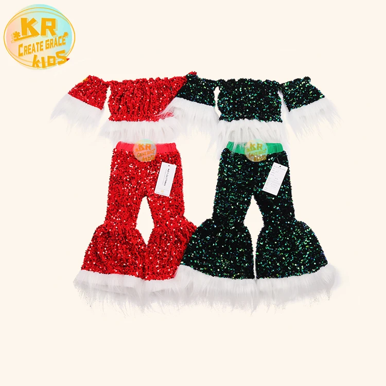 

Hot Sale Kids Clothing Set Bell Bottom Pants Sequin Velvet Top Set Baby Girls Outfit For Christmas Day, Girls clothing set