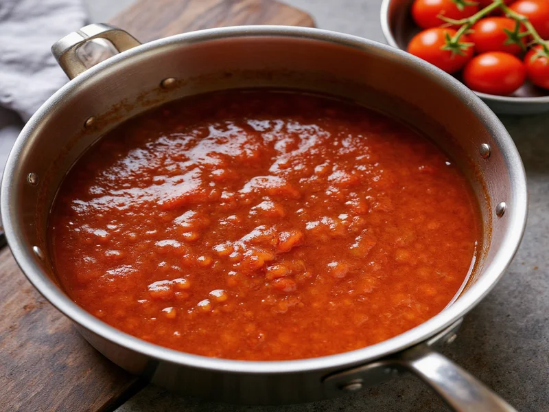 Homemade BBQ sauce simmering in stainless steel pot with fresh ingredients