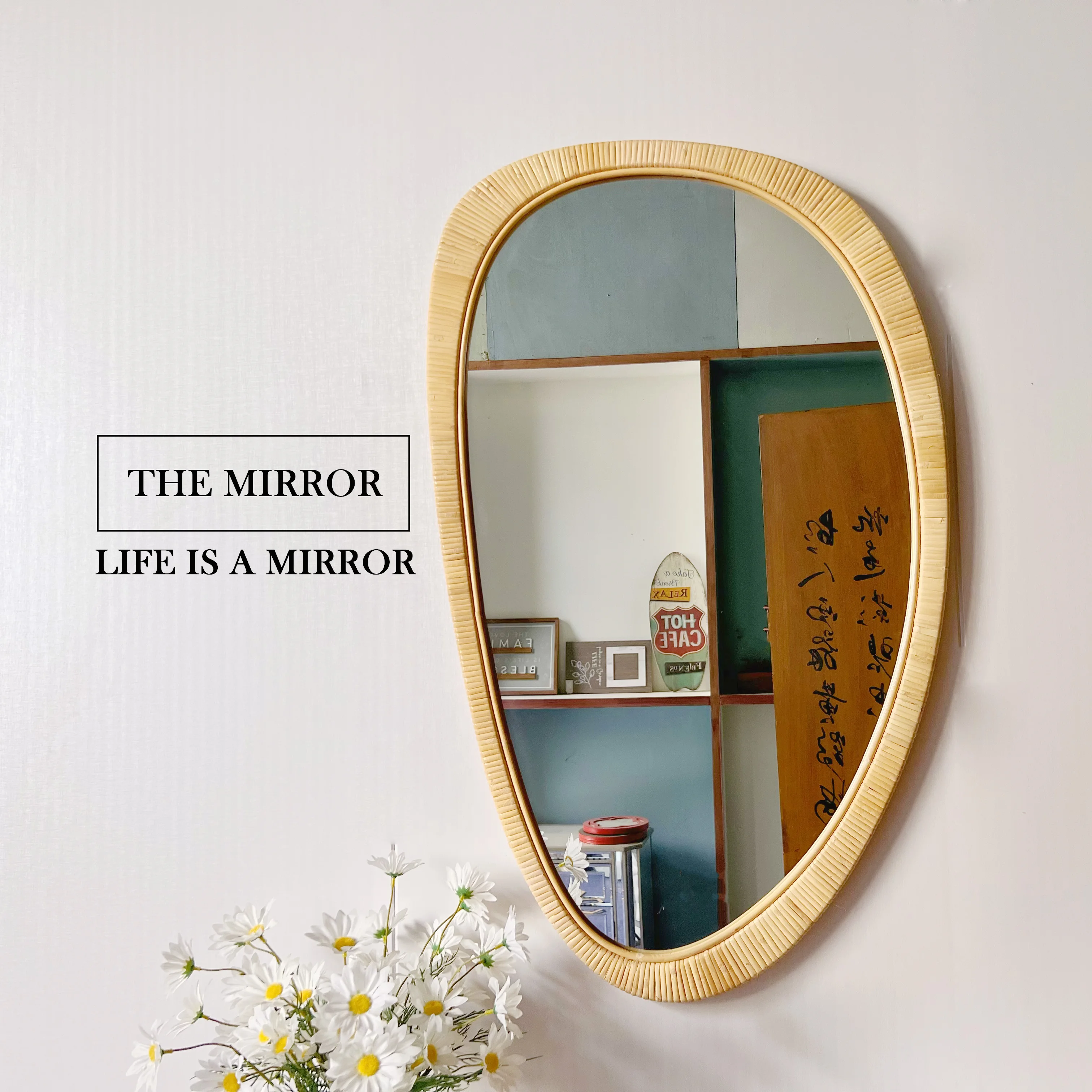 90x54 Handcrafted Natural Rattan-Framed Large Wall Mirror Modern Simplistic Decorative Art Home Decor for Bathroom Living Room