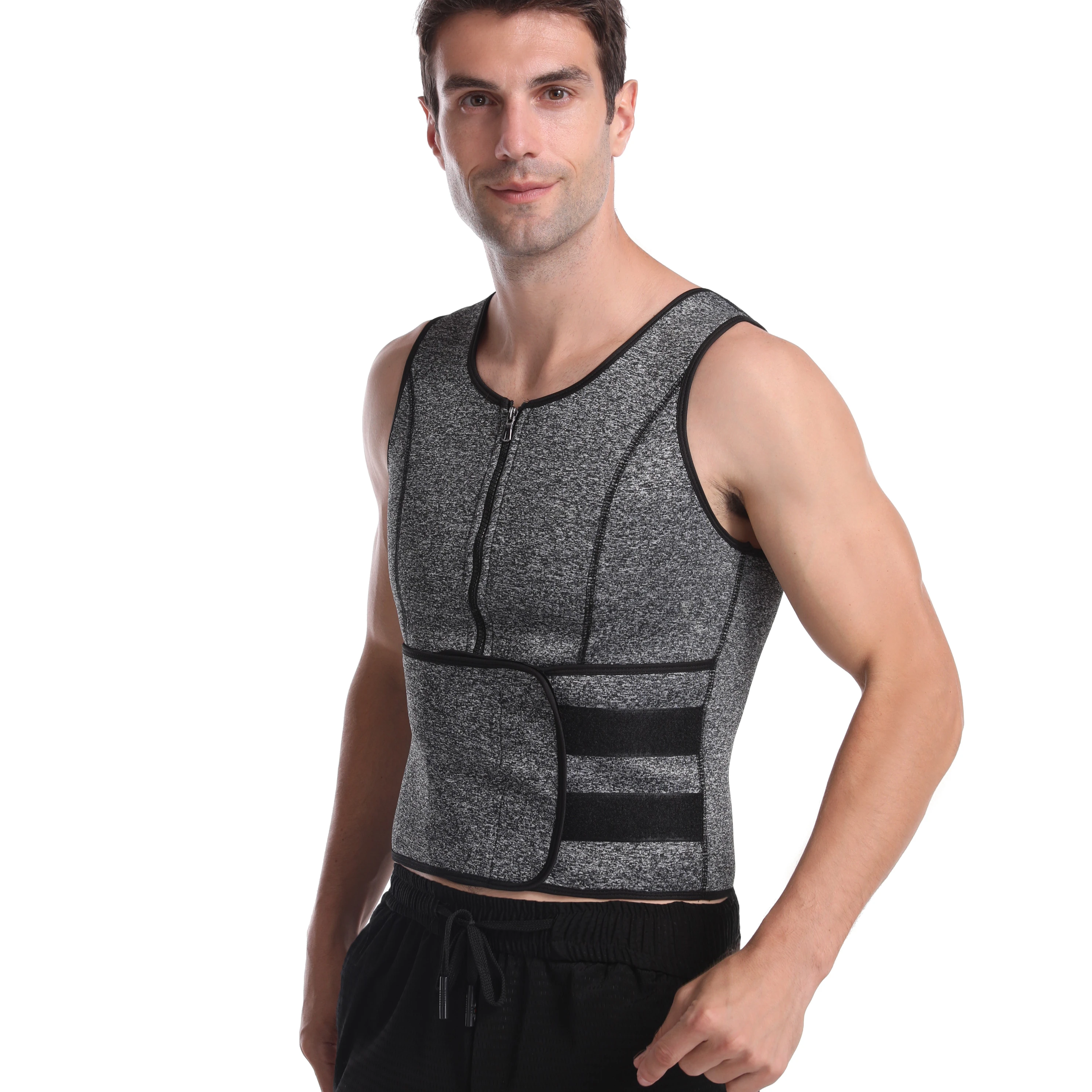 

New Product Men Neoprene Sauna Zipper Waist Trainer Vest with A Single Belt, Black,grey