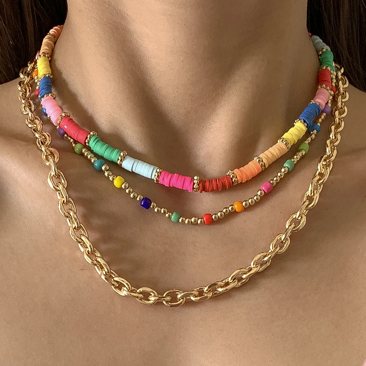 

Women Lady  Colorful Polymer Clay Beaded Choker With Gold Cuban Link Chain Necklaces Set, Multi