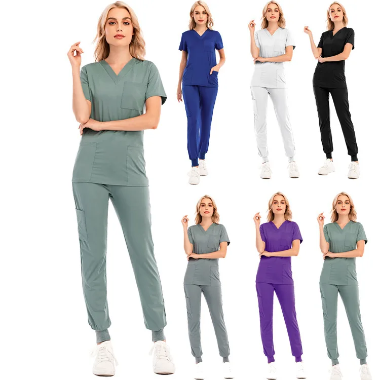 

Elastic pure color V neck top and pants custom logo hospital uniforms scrubs nurse uniform unisex women scrubs uniform set