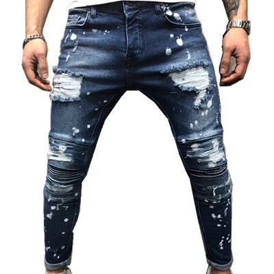 

LW-102 Slim fit white dots ruffled knee ripped skinny men jeans trousers latest, As picture or customized make