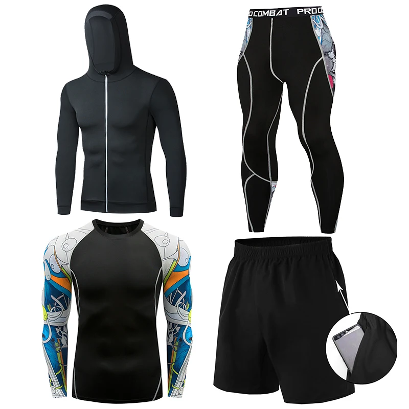 

Men's Tight Quick Dry Outdoor Running Sportwear GYM Fitness Suit 4pcs Set Training Suit