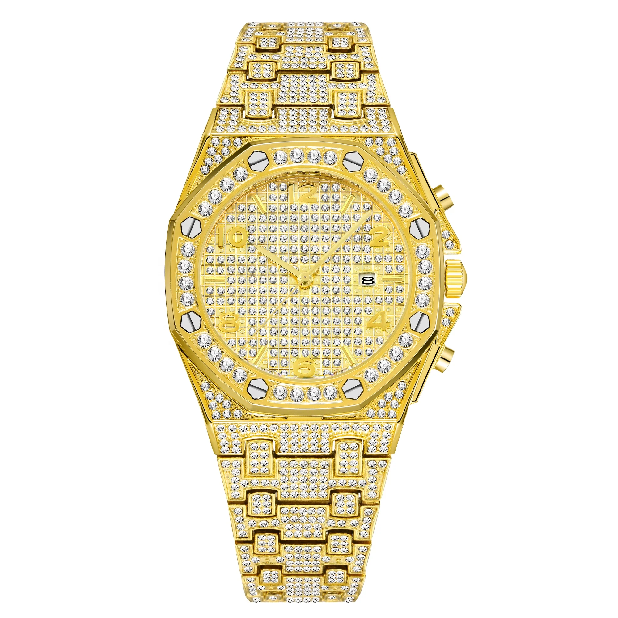 MISSFOX Classic Mens Watches Top Brand Luxury Royal Trending Unique FF 18k Gold Quartz Iced Out Arabic Oak Ap Men Watch V296