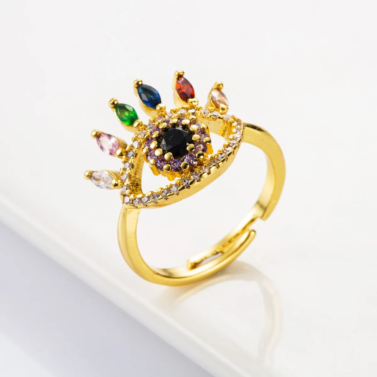 

New Fashion 18K Gold Plated Full Diamond Evil Eyes Ring Adjustable Micro Pave Rainbow Cubic Zirconia Evil Eyes Ring