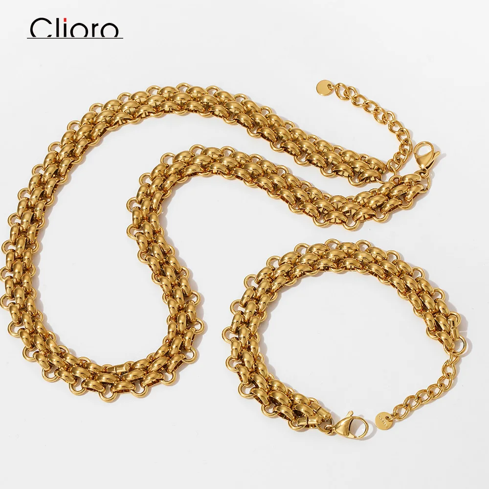 Clioro Statement Thick Width Woven Cuban Chain Stainless Steel Choker Necklace Knit Bracelets Jewelry Sets