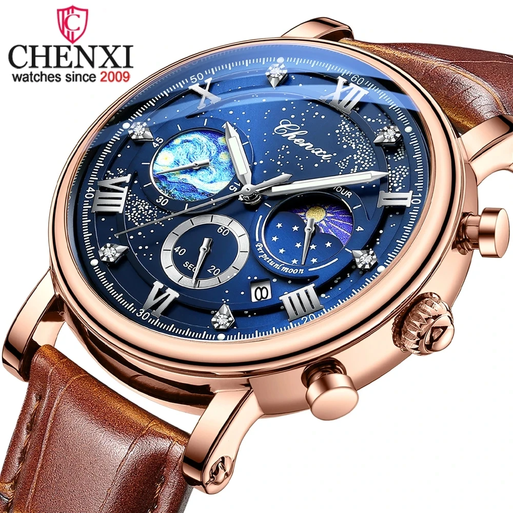 CHENXI 972 Luxury Chronograph Watch for Men Leather Strap Sport WristWatches Calendar Mens Waterproof Luminous Pointer Watches