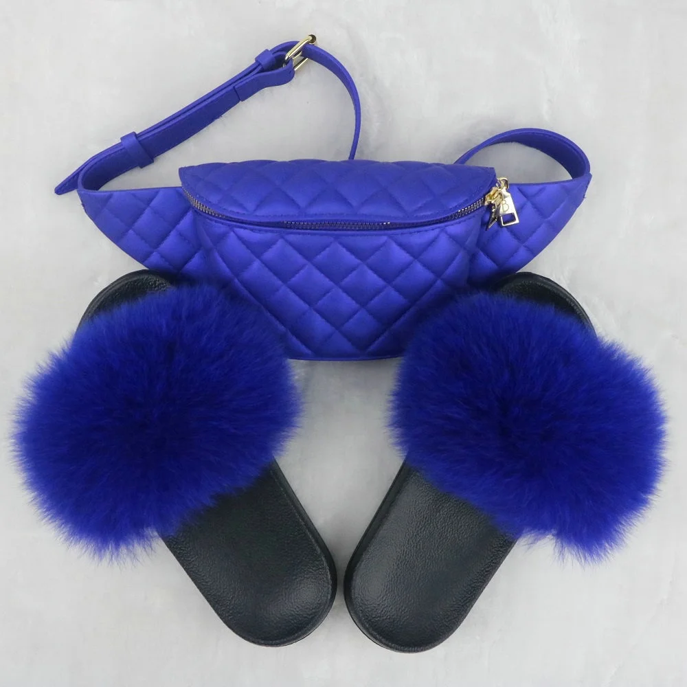 

Wholesale fashion custom logo designer waist bag ladies pvc jelly fanny pack and women fur slipper slides set