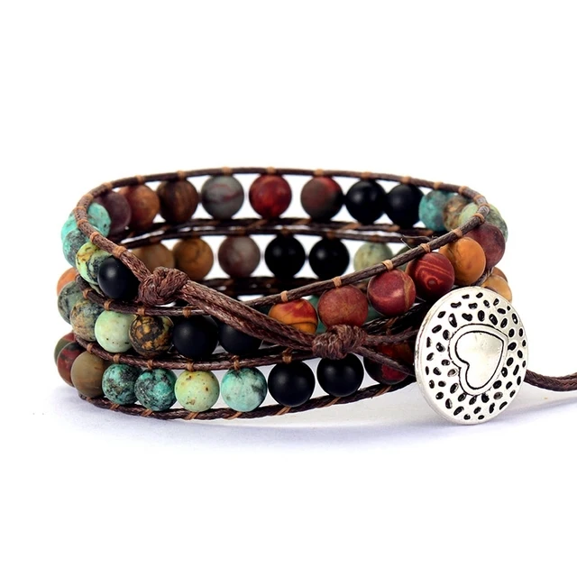

Vintage Leather Bracelets 6MM Matte Stone 3 Strands Wrap Bracelets Woven Multilayer Boho Bracelet Handmade Jewelry