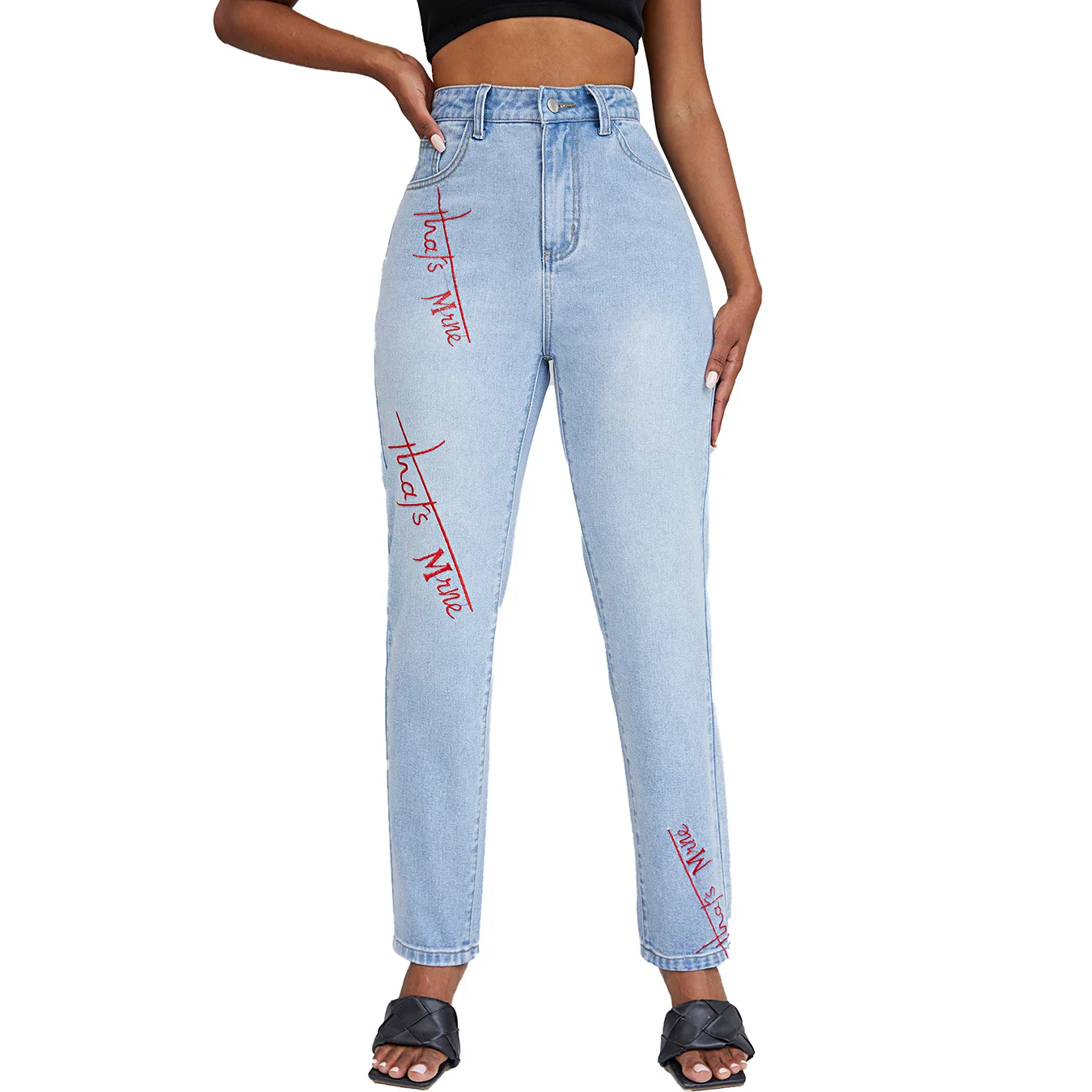 

2021 Fashion High Waist Personality Loose Graffiti Denim Pants Light Blue Printed Jeans Women, As pictures show