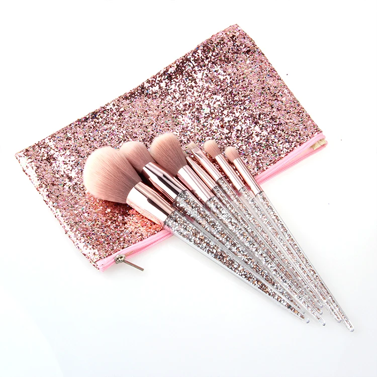 

Bling luxury white rose gold glitter high quality pink 7pcs new style diamond fancy customized women facial kit makeup brush set, Gold/pink/silver