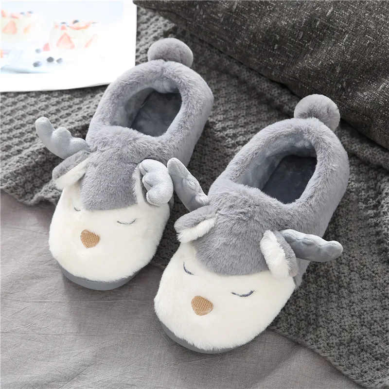 

Winter Cute Keep Warm Elk Plush Cotton Slippers Children Indoor Non Slip Cartoon Thick Bottom Bag Heel, As shown