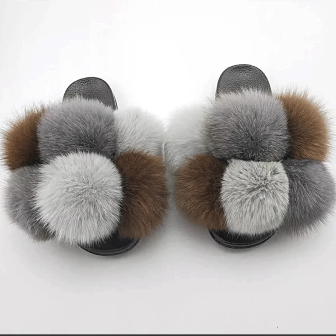 

factory custom cheap soft sole fox fur ball slippers slides for women, Customized color