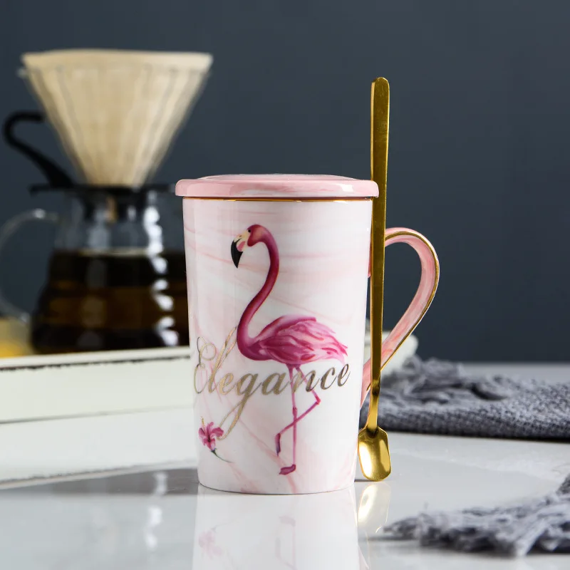 

MG-0003 Nordic ins flamingos ceramic cup gift box set custom with cover glass marble mark cup gift cups coffee mug ceramic
